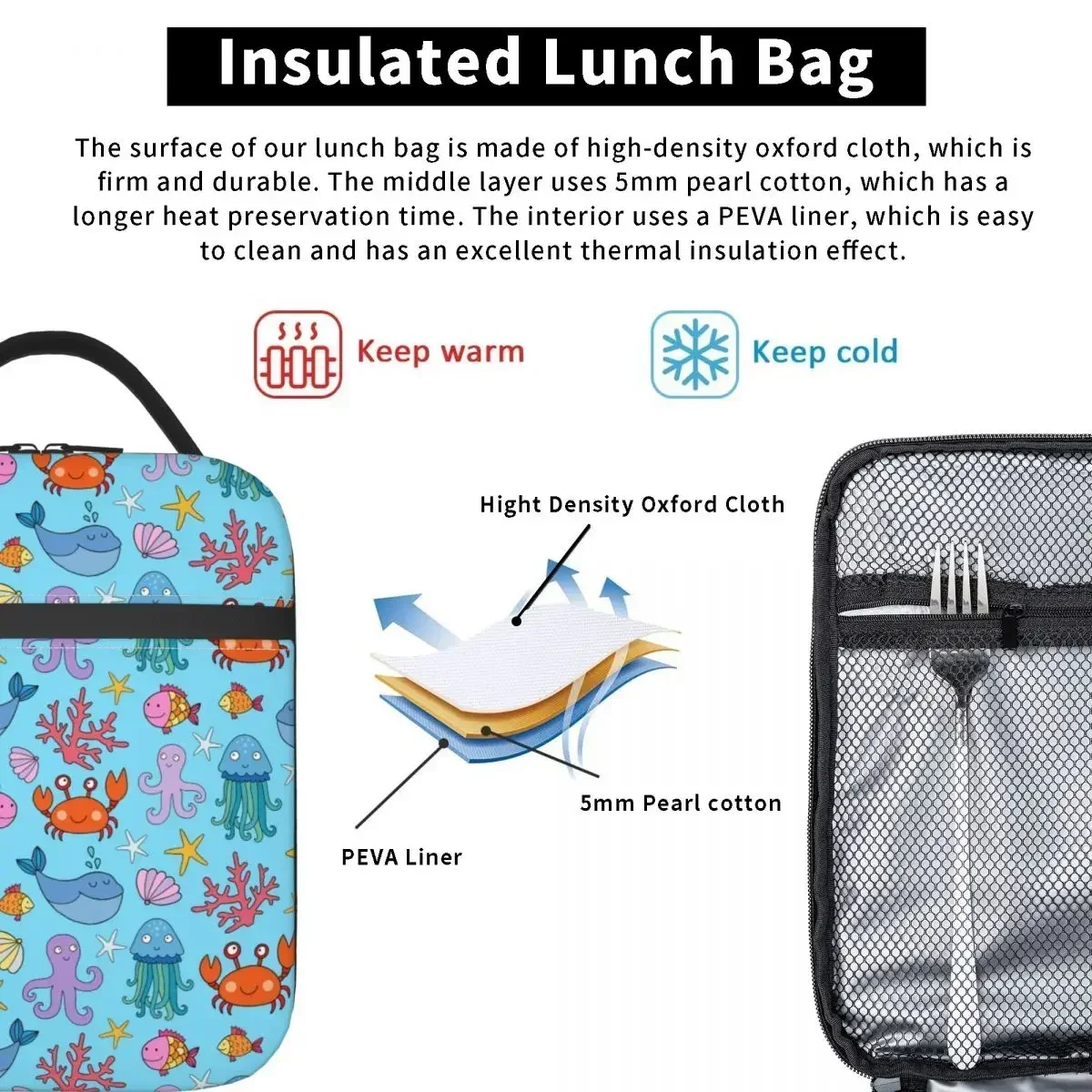 Creatures Cartoon Thermal Insulated School Lunch Bags For Kid Marine Organism  Container  Cooler Food Box