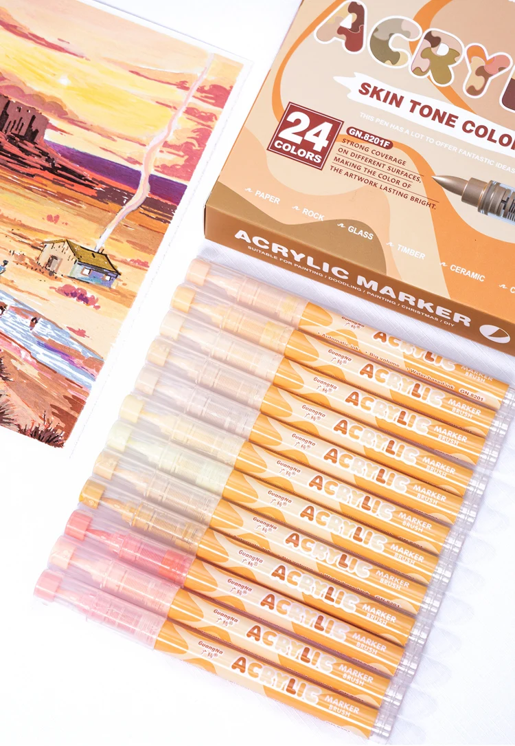 GuangNa 12-72 Colors Soft Brush Acrylic Marker Pen Set,Skin Tone, Macaron color,DIY Hand Drawn,Paint Art Markers pens,GN.8201F/M image 2