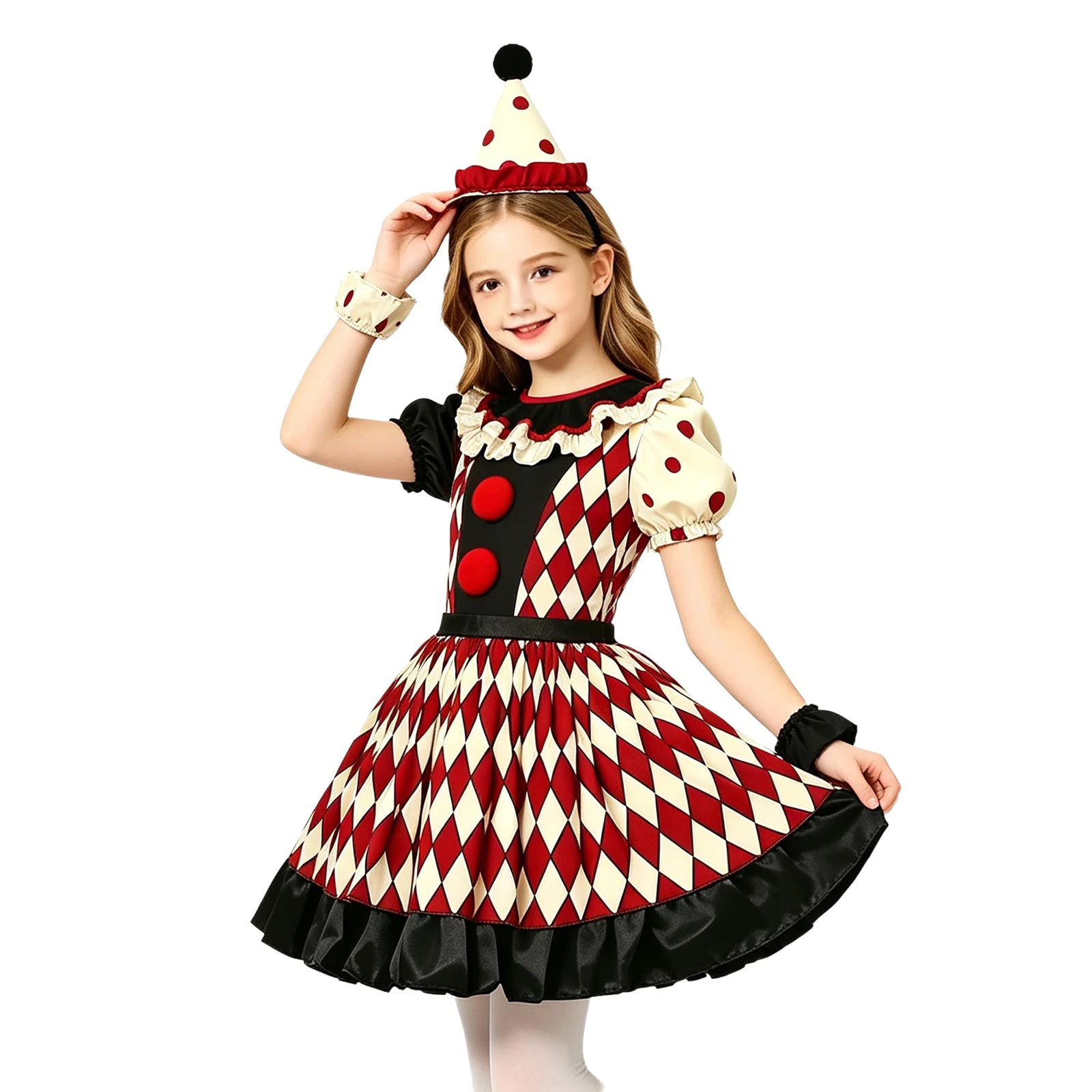 Kids Girls Circus Ringmaster Clown Costume Shorts Sleeve Diamond Pattern Double-layered Dress with Hat for Halloween Cosplay