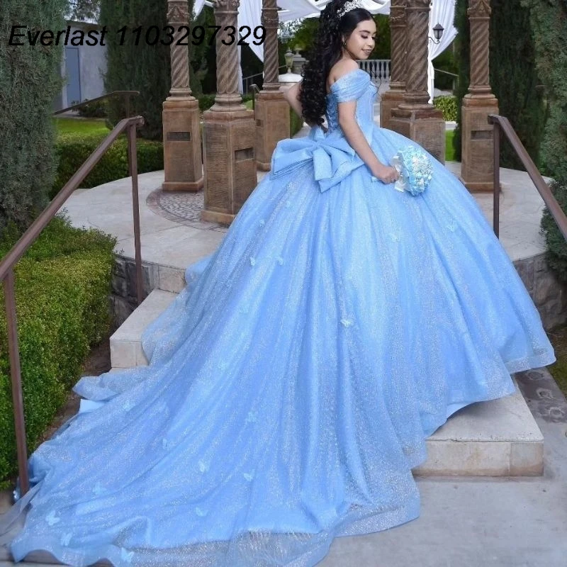 

EVLAST Shiny Blue Quinceanera Dress Ball Gown Off Shoulder Beading Crystals With Bow Corset Sweet 15 Vestido De 15 Anos TQD567