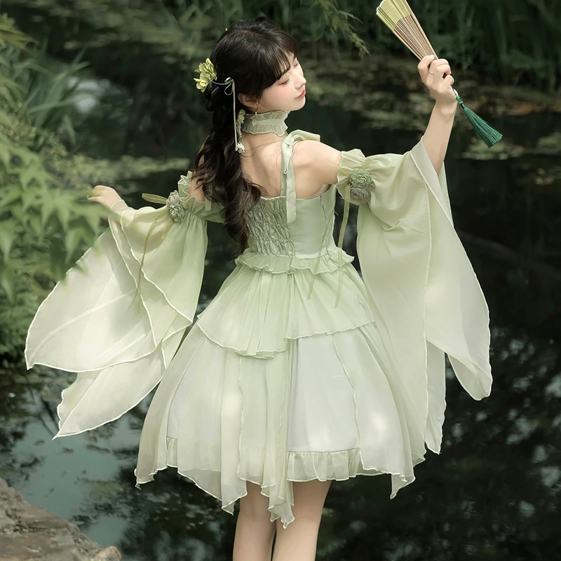 สไตล์จีน Lolita หวานสีเขียว Princess Fairy Feather แขนสด Suspender ชุดญี่ปุ่น Rojita ชุดสําหรับเสื้อผ้าสตรี