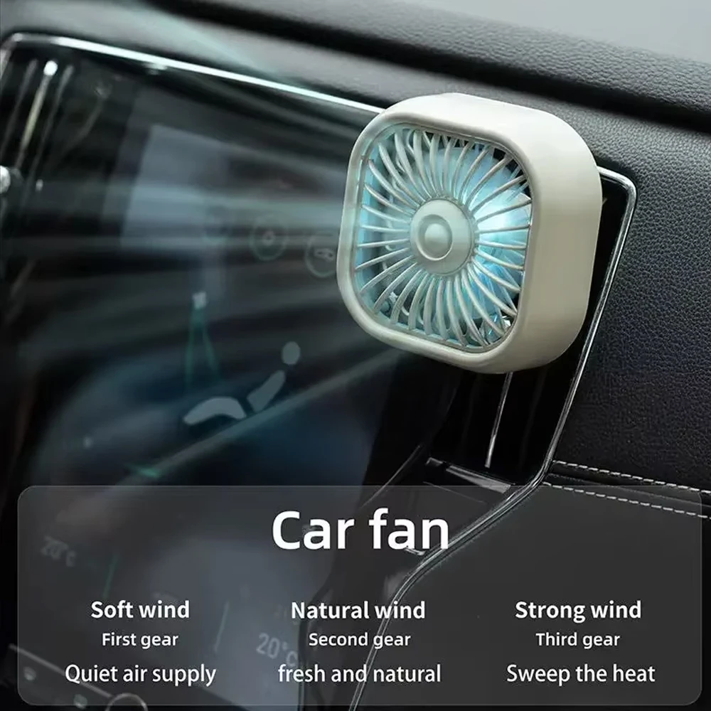 Ventilador de Carro Mini USB Novo para o Verão, 3 Velocidades Ajustáveis, Montagem na Saída de Ar com Luz Colorida, Acessórios para Carro