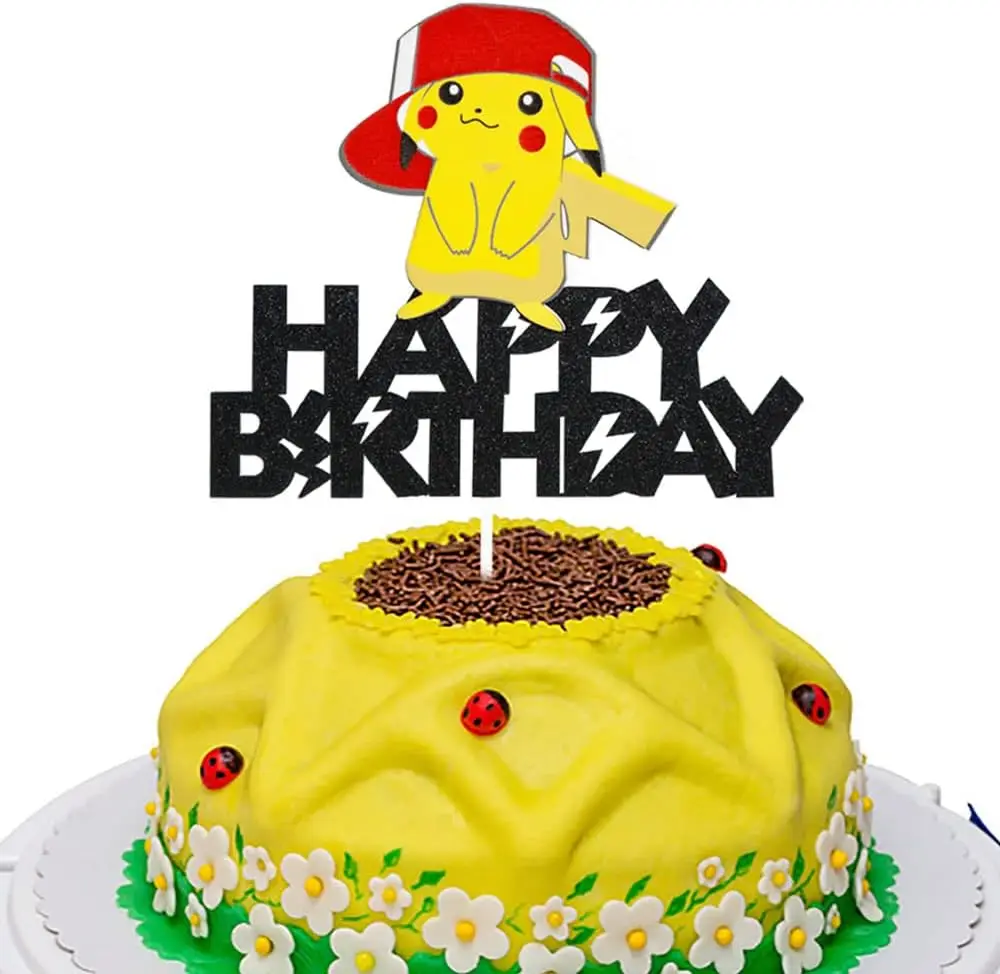 Adorno de Pokémon para pastel de feliz cumpleaños, decoración de pastel de Pikachu de dibujos animados, suministros de fiesta para niños, niños, niñas, Decoración de cumpleaños para Baby Shower