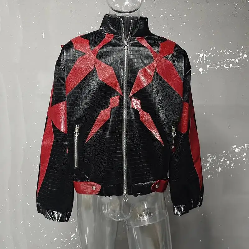 Men's PU Leather Jacket 2025 Trend New Zipper Stand Collar Contrast Color High Street Coats Fashion Menswear CDR45