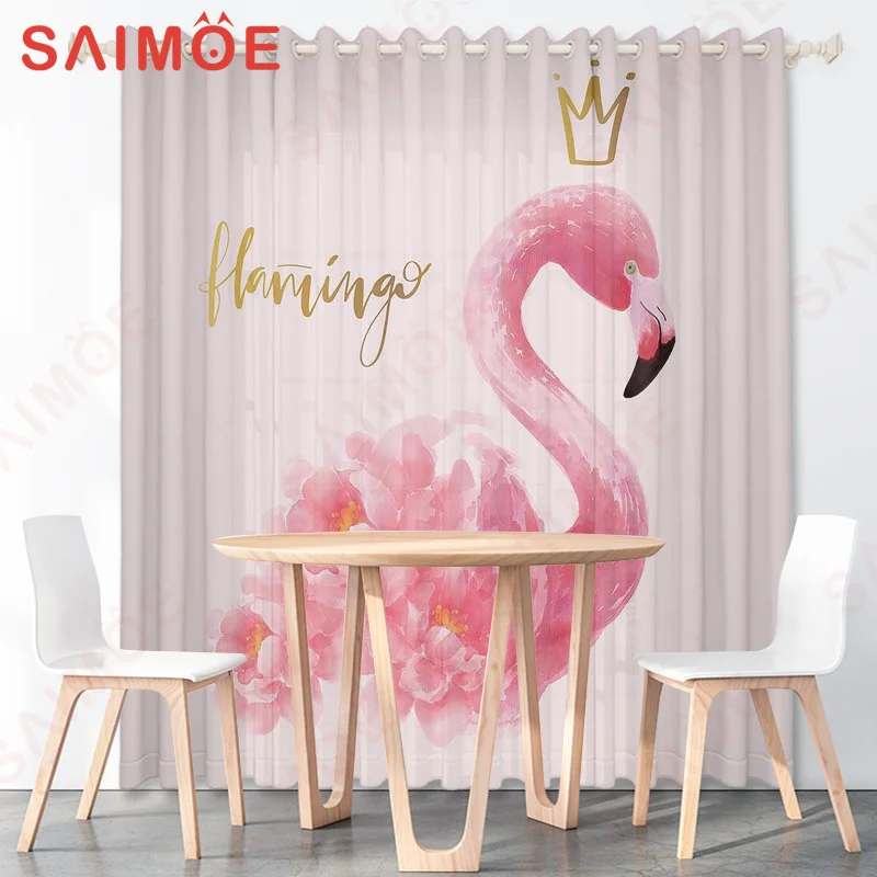 Kawaii Elegant Western European Children's Window Curtain Flamingo Girl Heart Waterproof Mold-resistant Polyester Fabric Decor