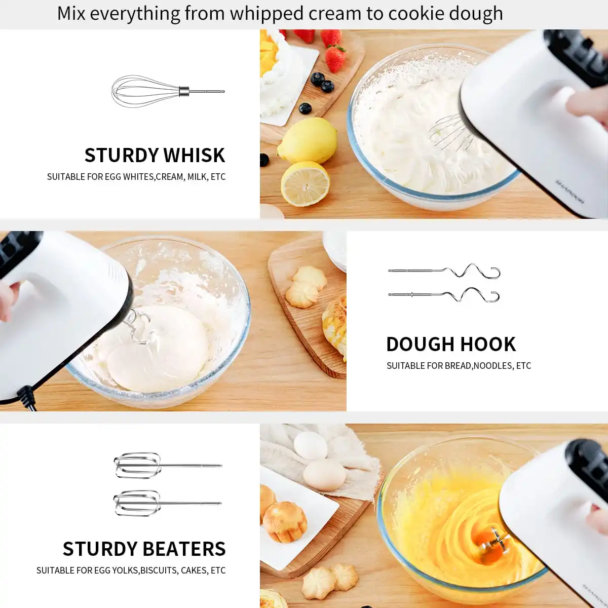 Hand Mixer Electric, 6 Speed & Turbo Handheld Mixer With 5 Stainless Steel Accessories, Electic Mixer For Whipping, Mixing Cookies, Brownie, Cakes, Dough Batters, Snap-On Storage Case, White.