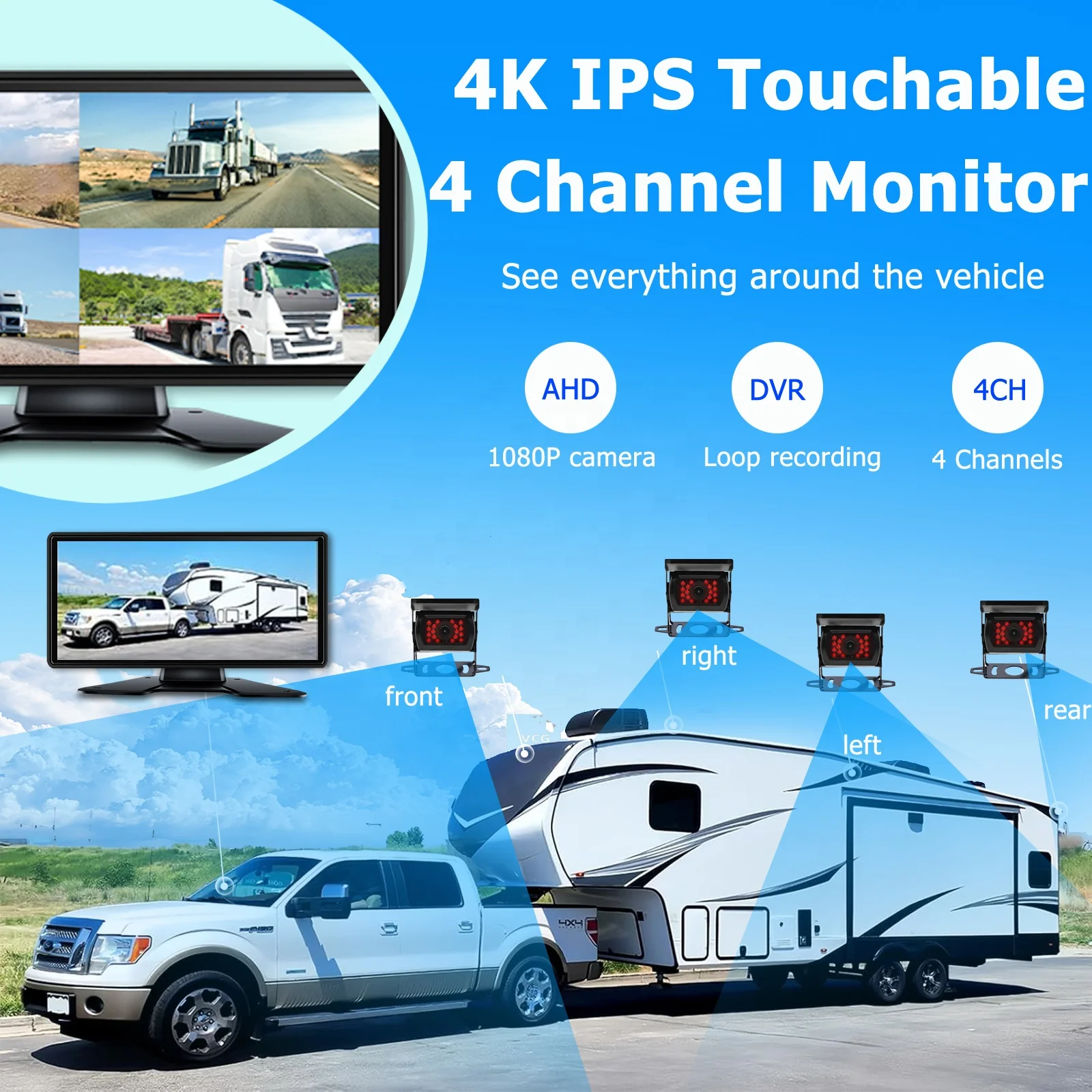 4CH Full HD 1080P 10.36 Inch Touch Screen With Waterproof Night Vision Camera Car DVR Recorder Loop Recording Vehicle Truck RV