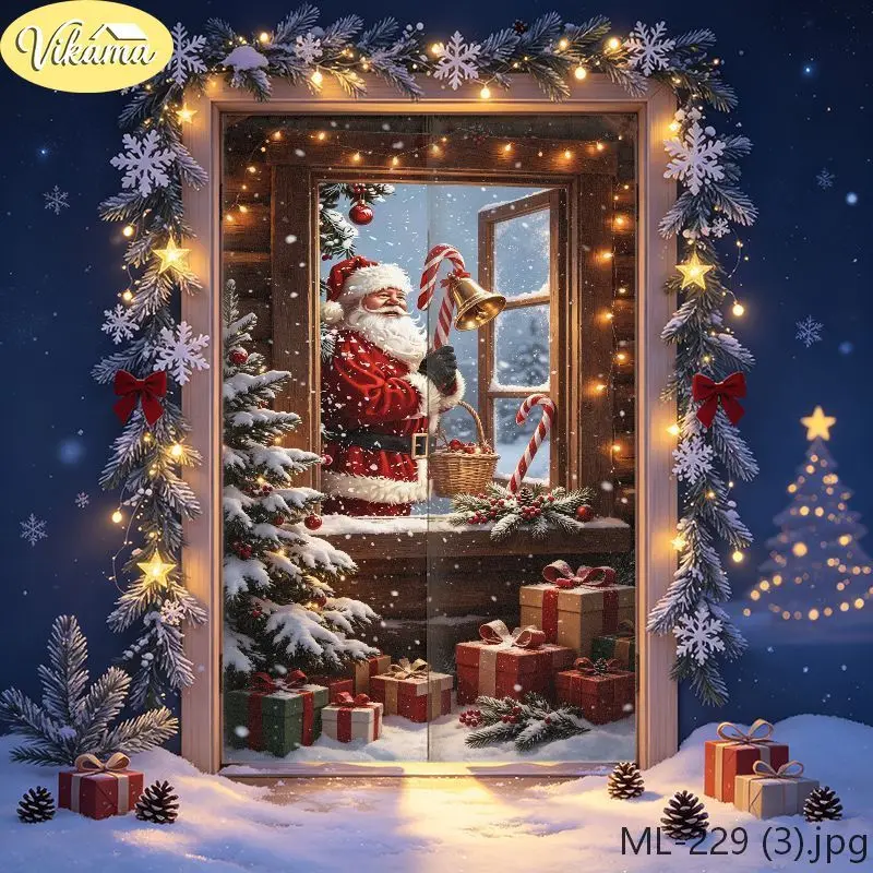 VIKAMA Winter Night Snow Scene Japanese-Style Half Curtain, Christmas Fabric Curtain, Privacy Screen, Entryway Home Decor
