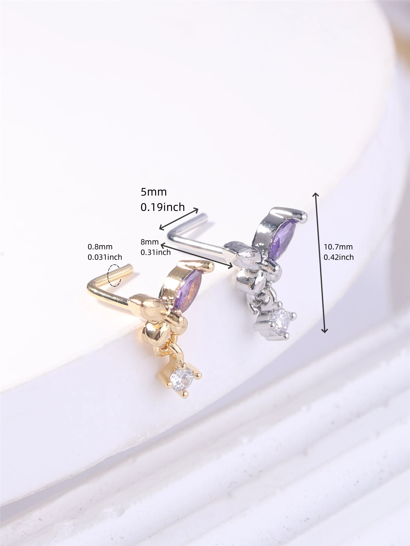 20G L Shaped Dangle Nose Studs CZ Cute Butterfly Design Gold Silver Color Dangling Nose Piercing for Women Girl Nostril Jewelry