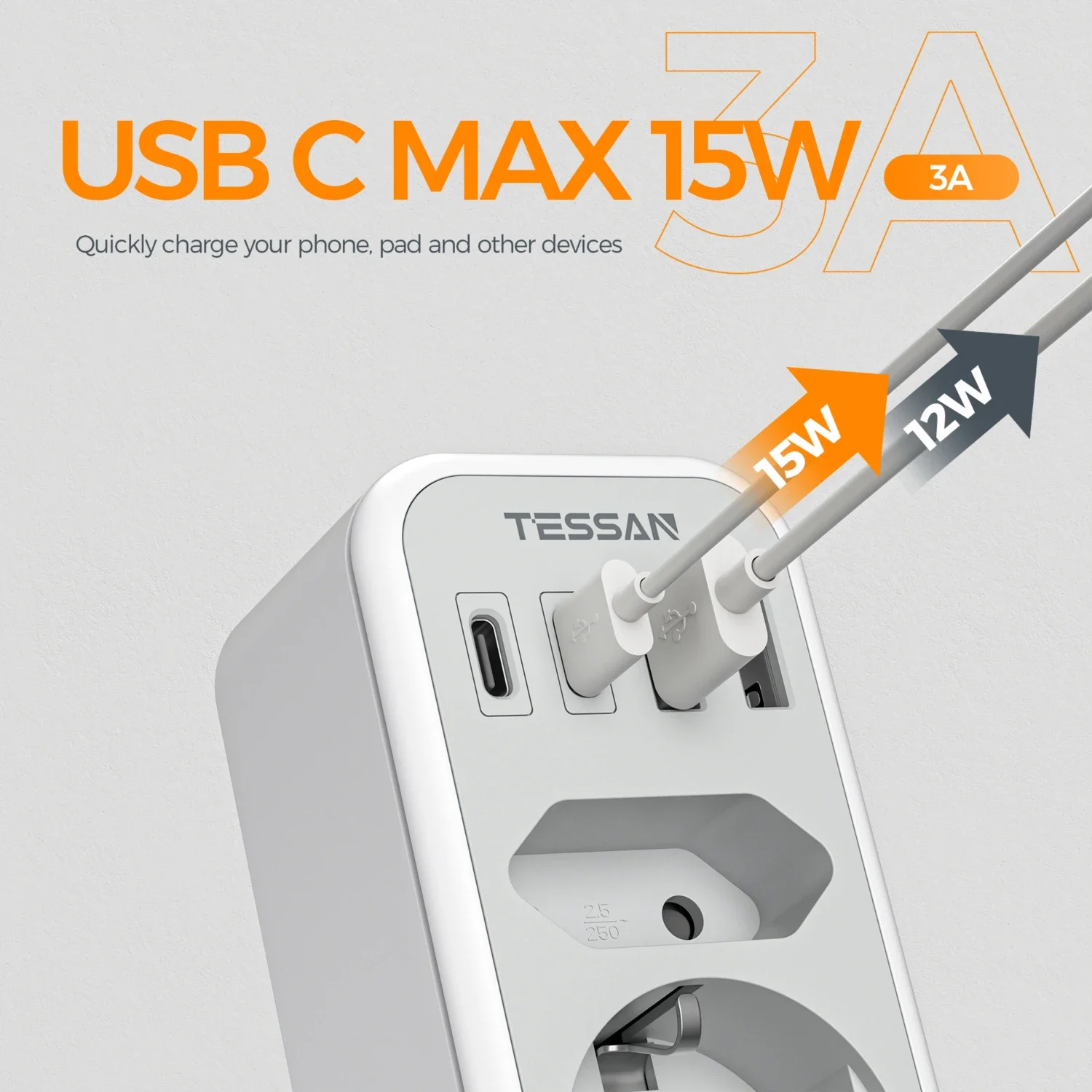 TESSAN Double Plug Wall Socket Adapter with 2 USB C, 2 USB A Portable Multiple Wall Socket Adapter for Phone, Home Appliances