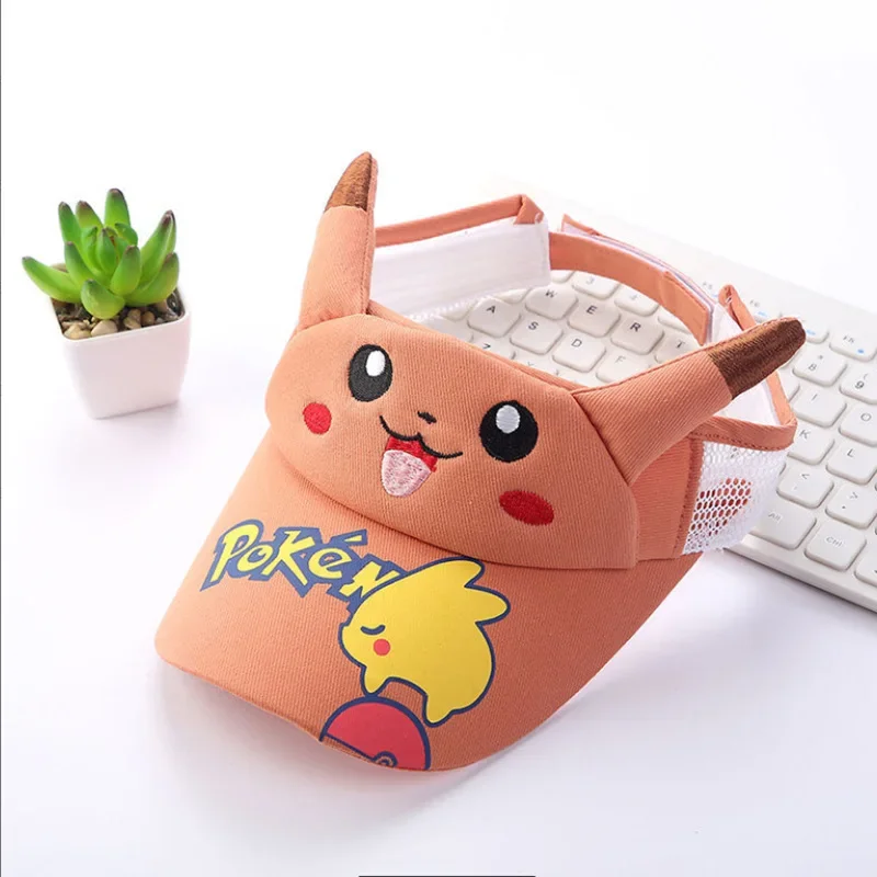 Cute Pokemon Pikachu Kids Sun Visor, 3D Cartoon Face Empty Top Hat, Breathable Adjustable Cap for Beach, Sports and Summer Use