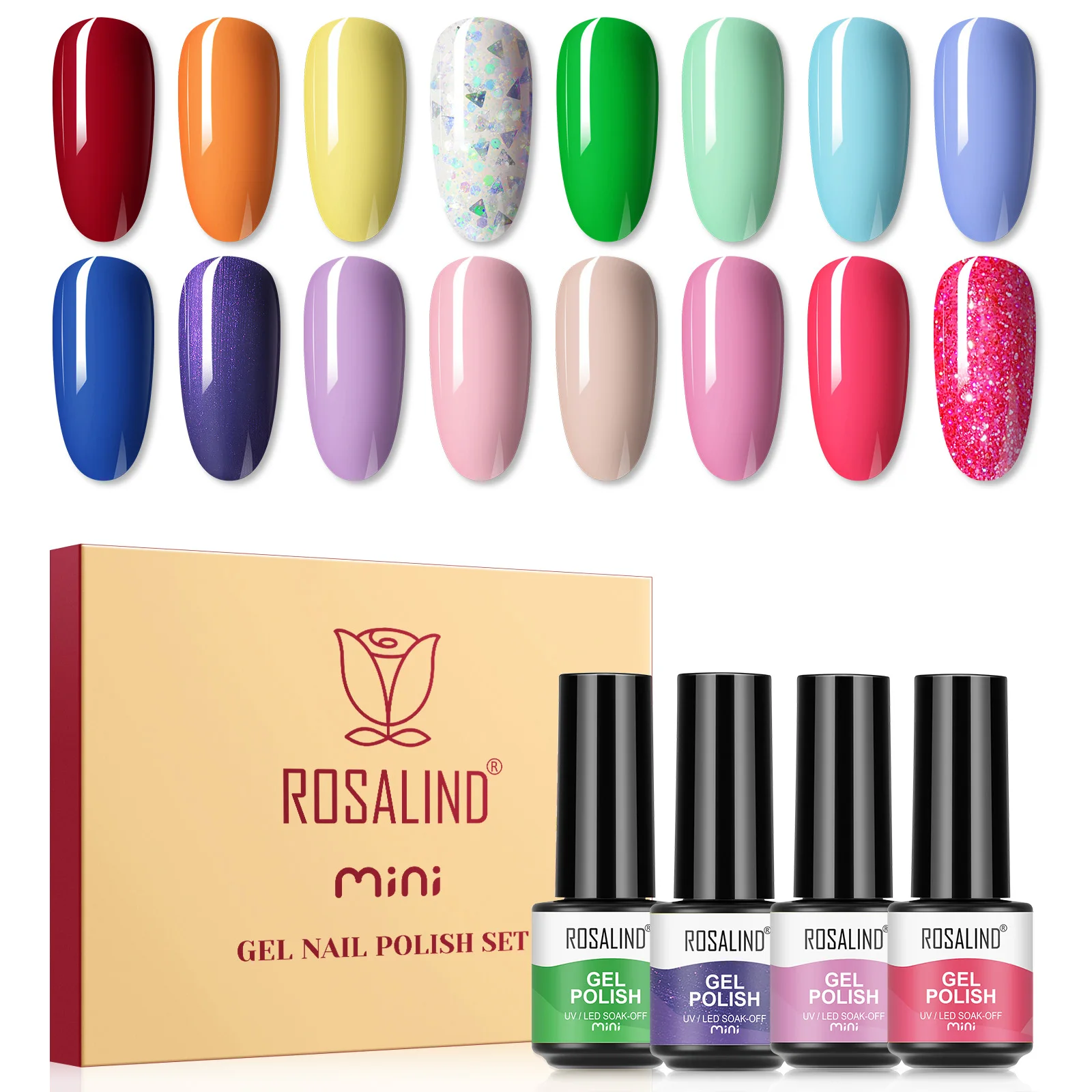 Rosalind Set di smalti per unghie gel da 16 pezzi Set di colla per unghie con rivestimento inferiore e superiore in gel da 7 ml Set di colla per unghie UV Lampada per unghie a led.