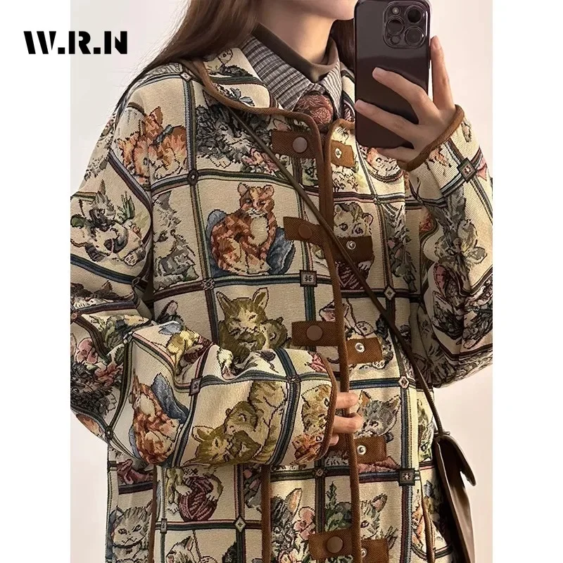 2023 Winter Female Vintage Style Single Breasted Loose Jacket Women Turn Down Collar Animals Print Fashion Retro Baggy Coat