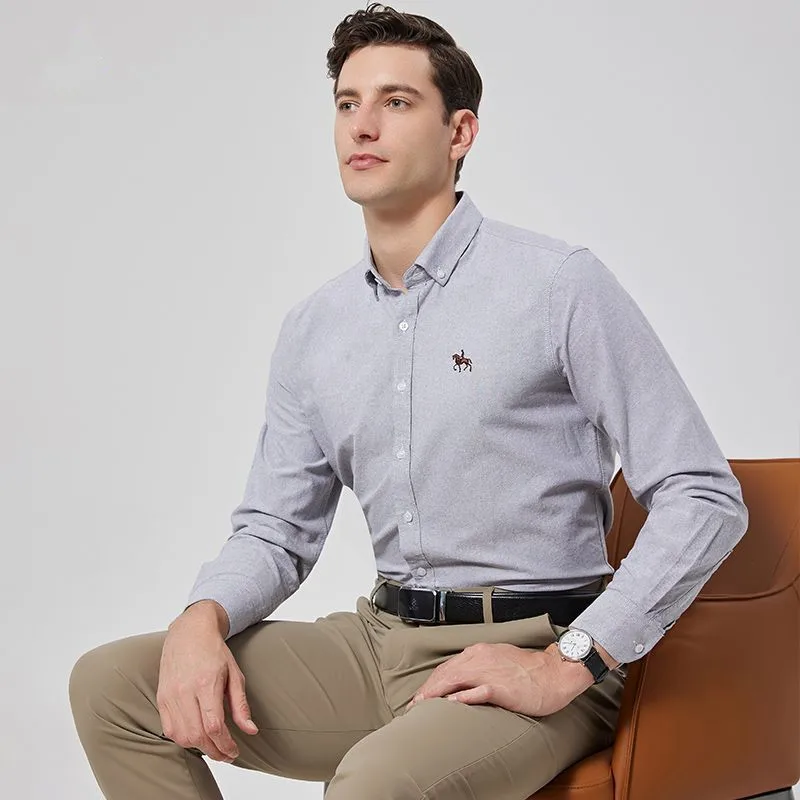 Classic Mens Plaid Shirts Long Sleeve Casual Social Solid Stripe 100% Pure Cotton Oxford Embroidery Design Buttoned Man Clothing