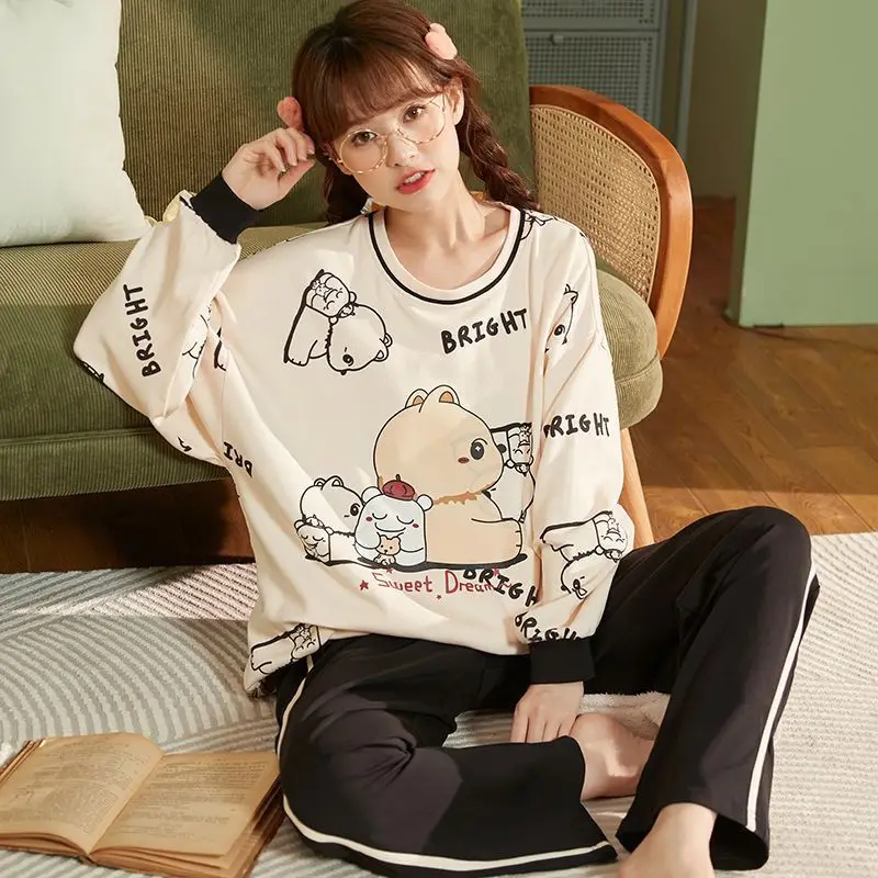 Pure Cotton Pajamas 2024 New Women Round Neck Long-Sleeved Trousers Homewear Suit Female Sweet Cartoon Large Size Sleepwear Set