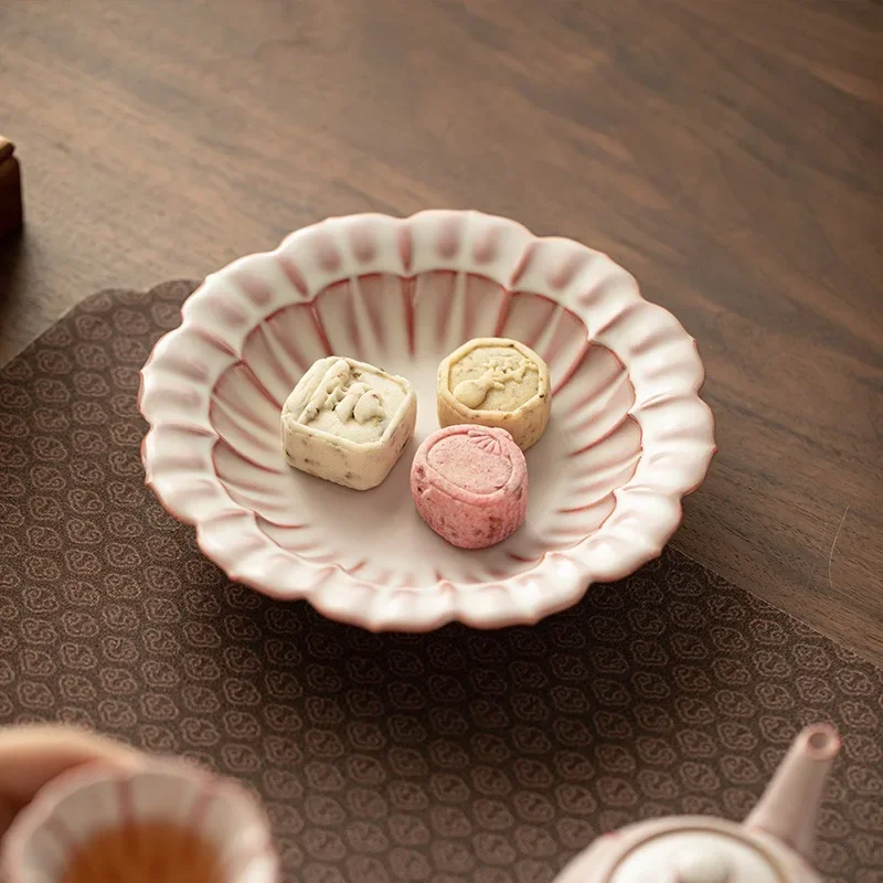 Imitation Song Ru Kiln Powder Tire Lard Frozen Pattern Pot Bearing Dry Brewing Plate Teapot Bottom Support TeaRoom Dim Sum Plate