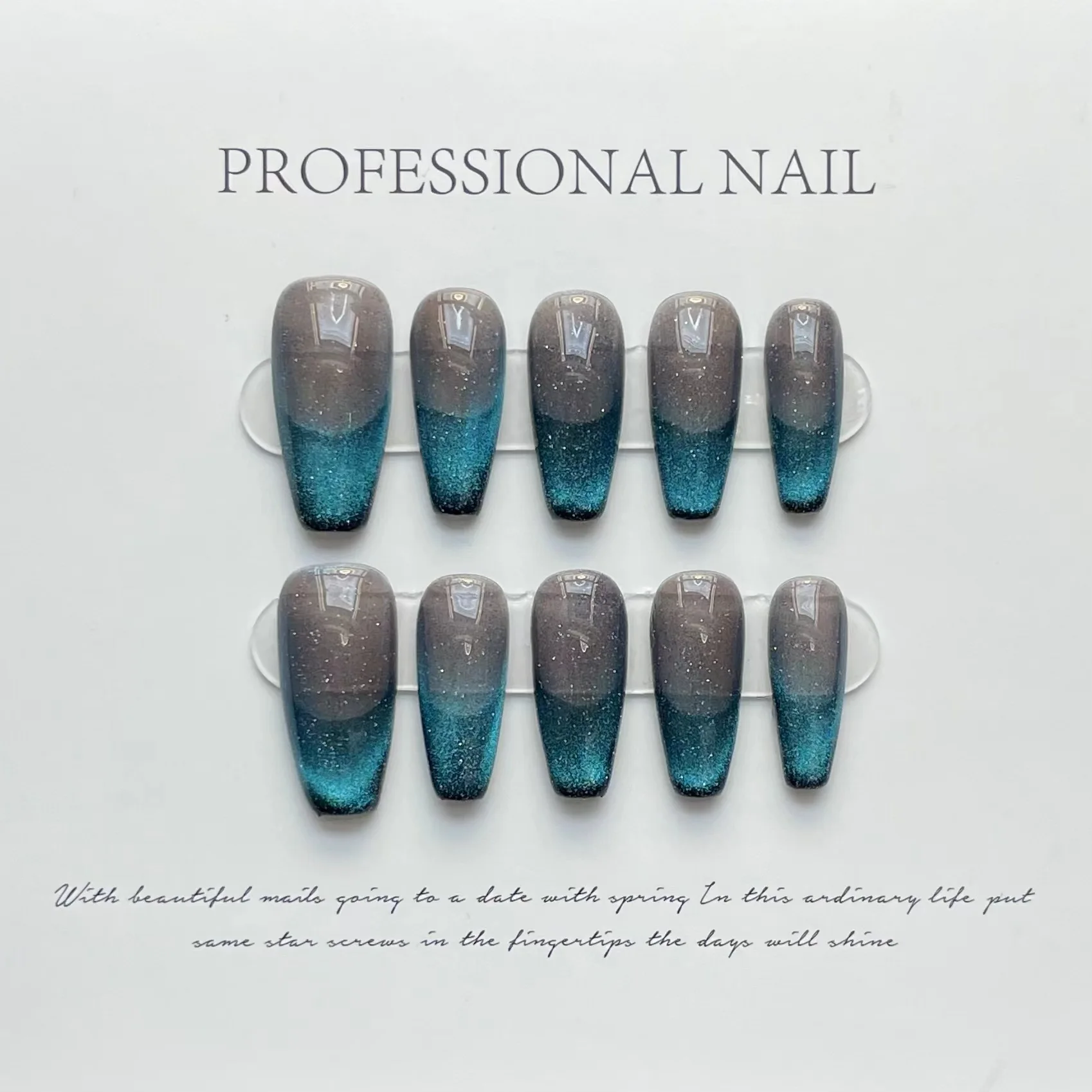 

10 PCS Luxury Handmade Press on Nails Middle Trapezoid SHINY STARDUST Design with 4-PIECE Tool Adhesive Nail Glue Tabs