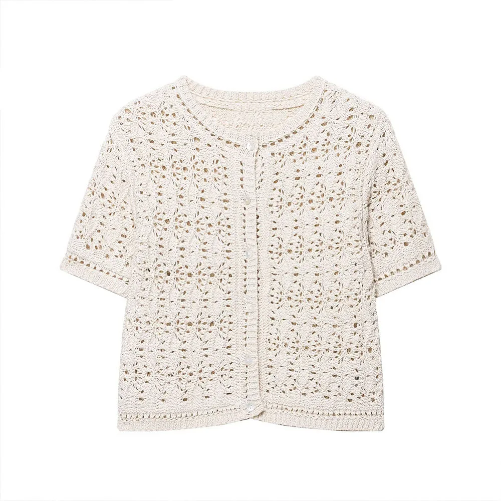 

Woman's Hollow Knit Cardigan Round Neck Single Breasted Short Sleeved Solid Color Cropped Sweater Simple Versatile New Top