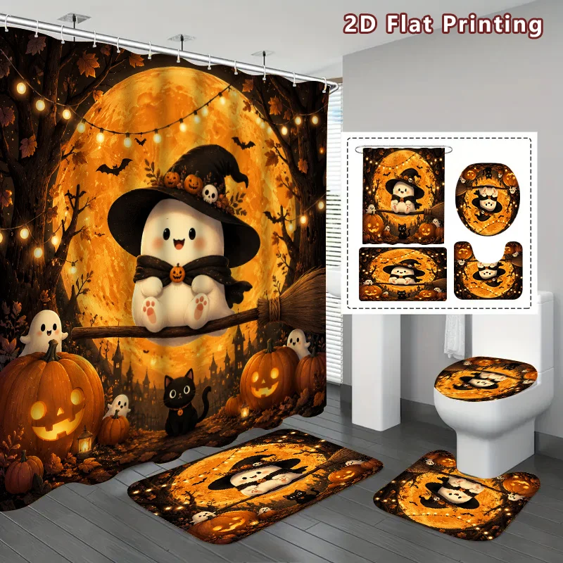 4pc 2D Flat Halloween Ghost Shower Curtain Set, Orange Moon & Flying Ghosts Pattern, Home Bathroom Decor, 12 Hooks Included