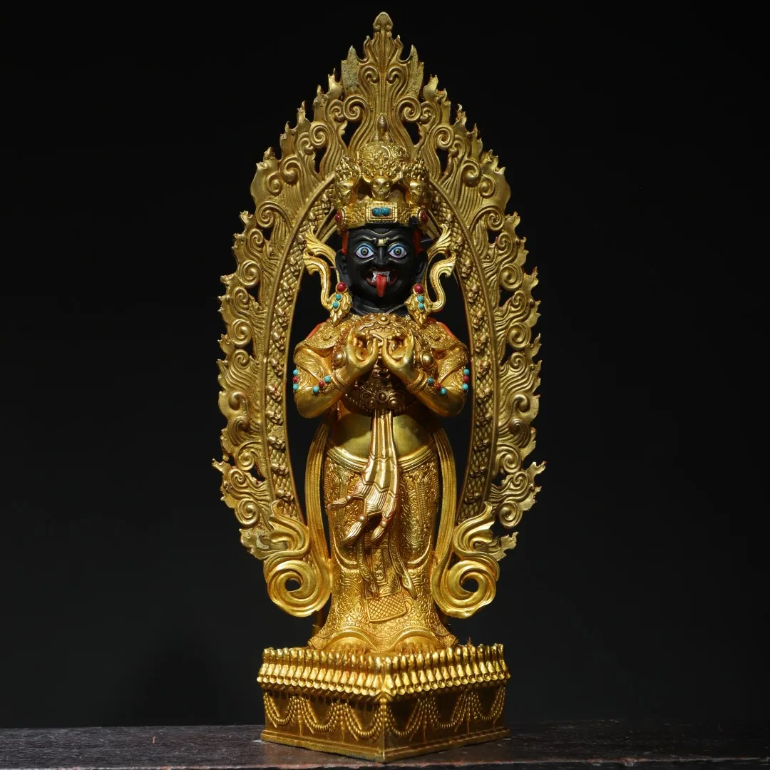 

14-дюймовая немецкая народная старая бронза с позолоченной росписью лица Zakirim стоящий Будда Лотос Терраса Зал поклонения Таунхаус