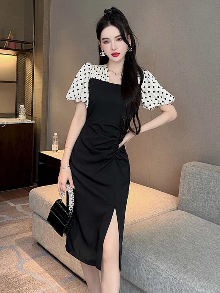 

New Korean Elegant Women Evening Dress Vintage Formal Dot Square Collar Folds Slim Slit Midi Party Club Lady Femme Mujer Vestido