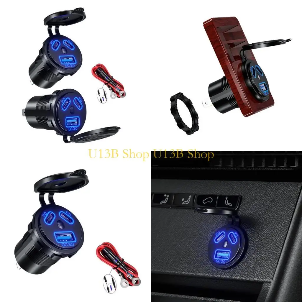 

U13B Double Fast PD45W Car QC3.0 Power Outlet with Voltages Meter and On Off Switches for Car & Motorcycles