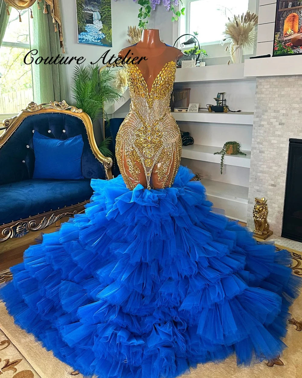 

Backless Royal Blue Train Prom Dresses Gold Crystal Beading Black Girl Mermaid African Wedding Dress Sexy Cocktail Customized