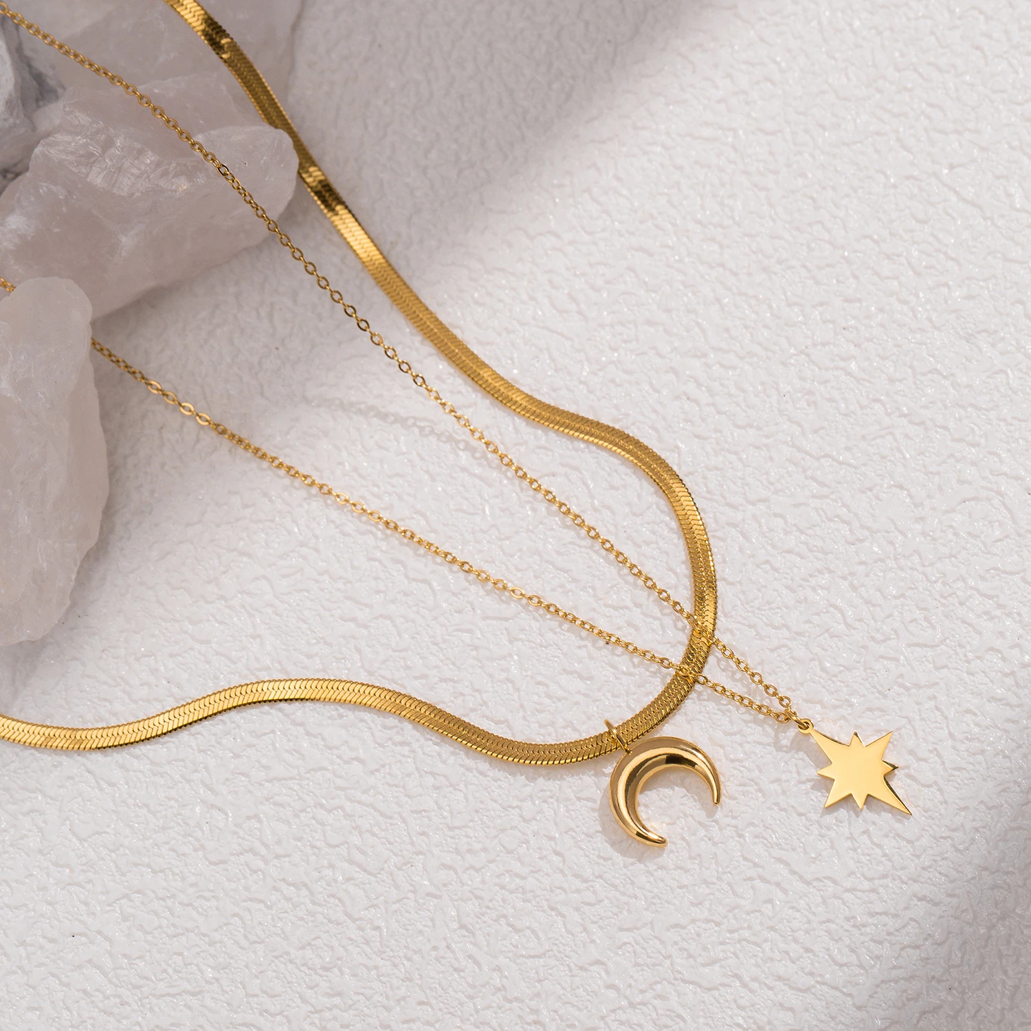 Star and Moon Double Layered Pendant Stainless Steel Necklace Plated with 18K Gold