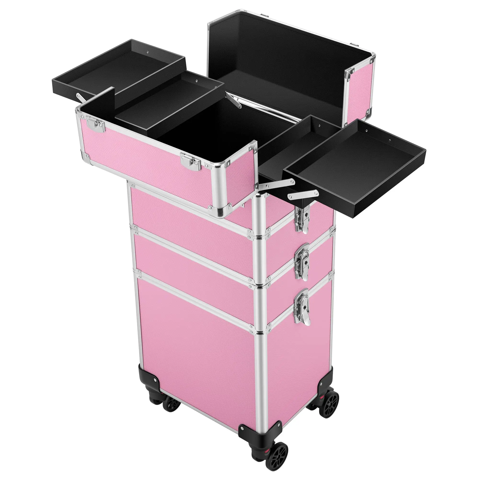 4 in 1 Aluminum Rolling Makeup Case On Wheels Cosmetic Storage Organizer Travel Train Case Divider With Labor-Saving Wheel