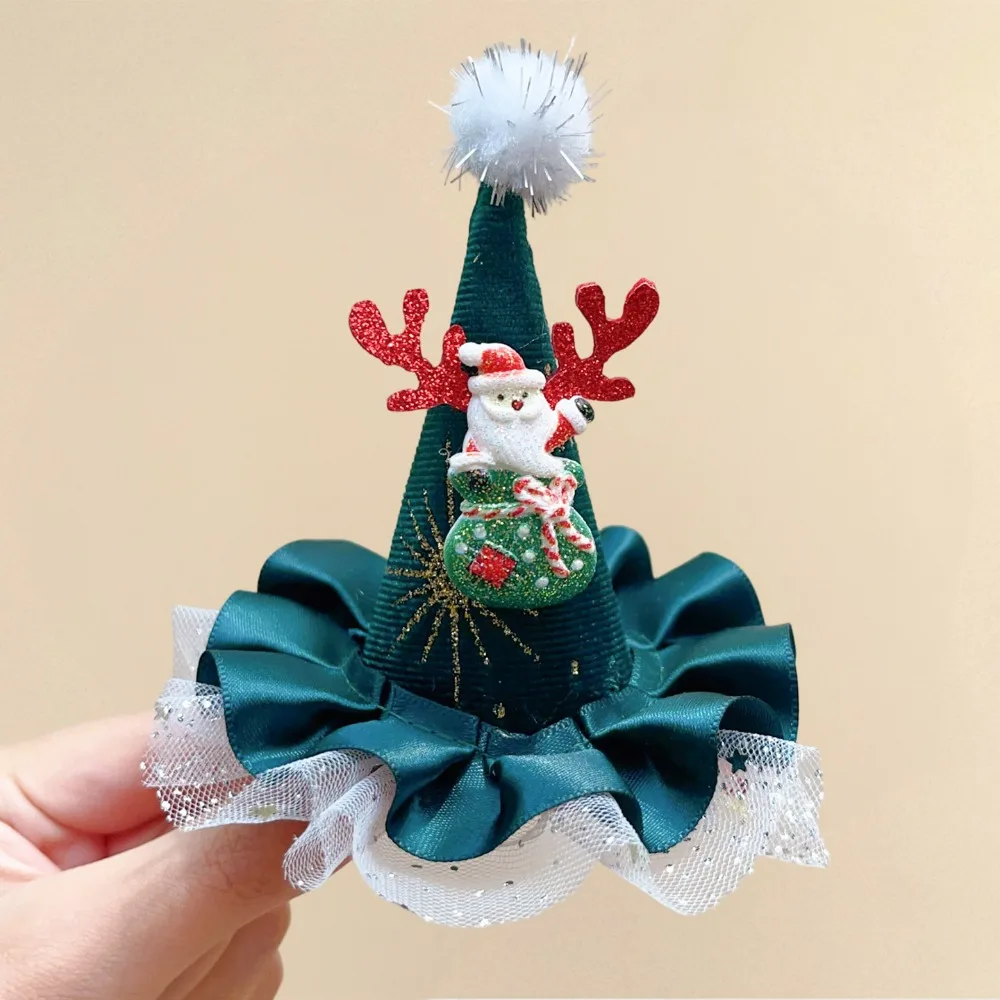 Christmas Decoration Shiny Sequin Christmas Hair Clip Lace Star Christmas Hat Hairpin Plush Decor Cute Xmas Tree Headpiece Kids