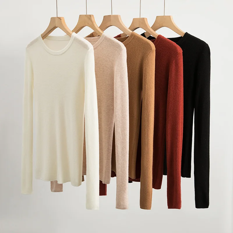 

18 Needle Fine Wool Sweater Women% Wool Thin Round Neck Long Sleeve Knitted Base Shirt Early Autumn Sweater