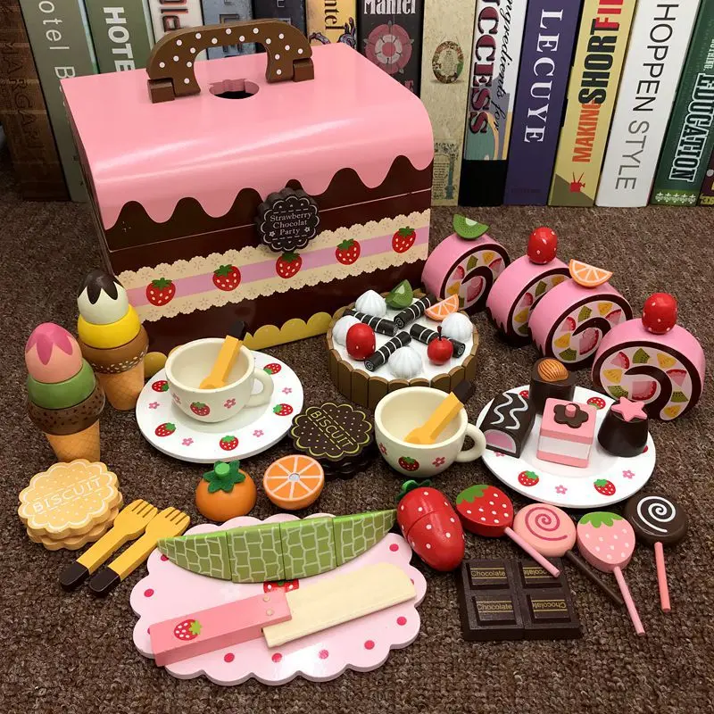 Kinder Intelligentie Ontwikkeling Houten Speelgoed, Imitatie Cake, Theeservies, Kleine Meisjes Keuken Interesse Teelt Speelgoed