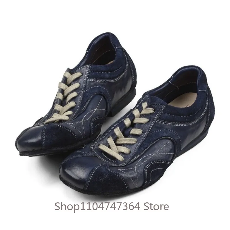 Vintage Handmade Stitching Lace‑Up Low‑top Boxing Casual Shoes Men's Genuine Leather Youth Outdoor Walking Sport Leather Shoes
