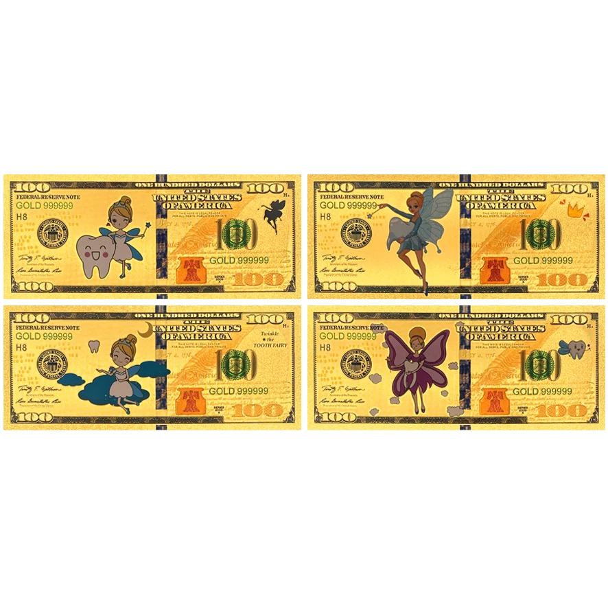 

Лидер продаж, 4 дизайна зубной феи, мультяшная банкнота, позолоченная милая аниме-карта, стильная коллекция, подарок для детей, новинка, сувенир, оптовая продажа