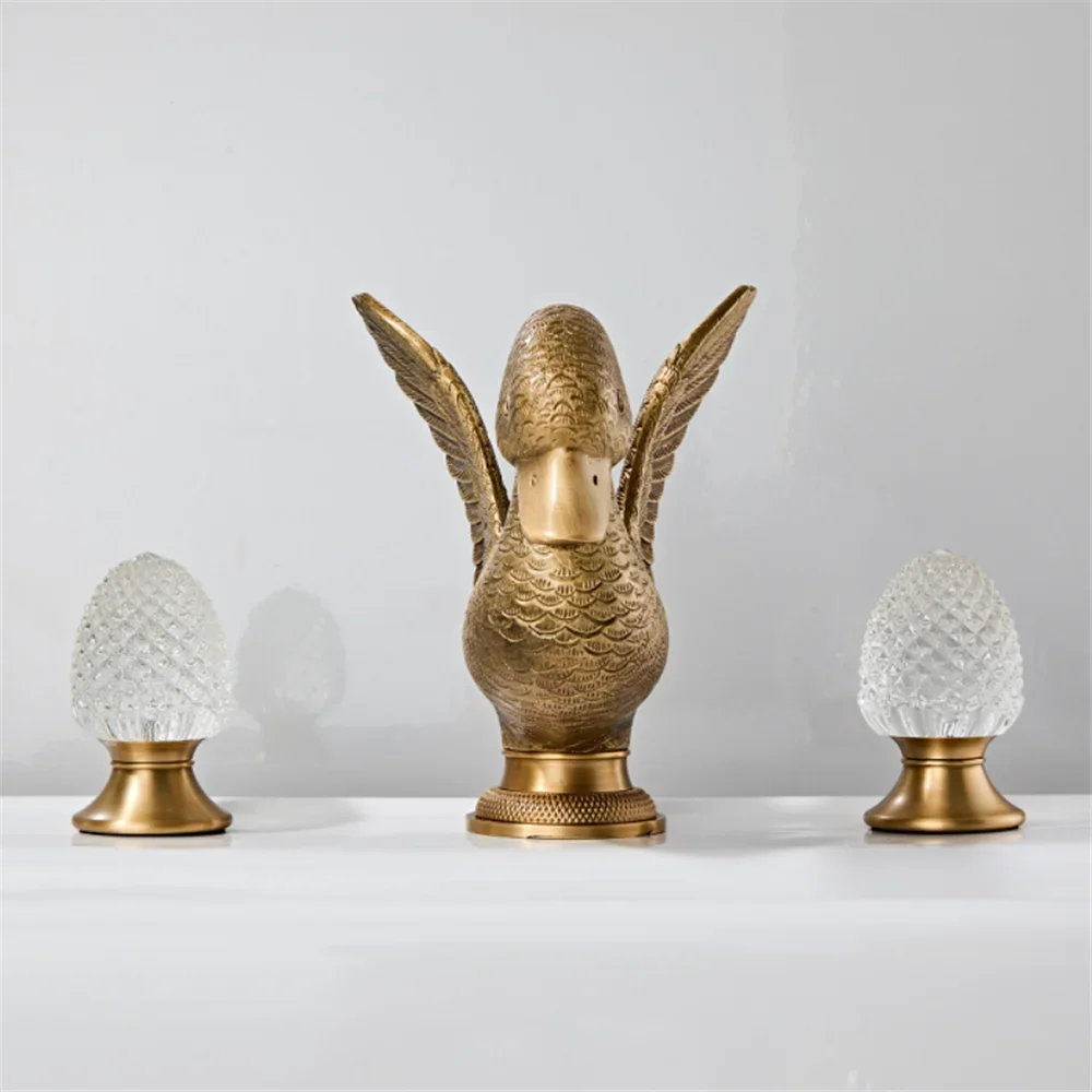 Tuqiu Antique Swan Bathroom Faucet Widespread Sink Tap Brass Basin Faucet Sink Faucet 3 Hole Crystal Handle Hot & Cold Water Tap
