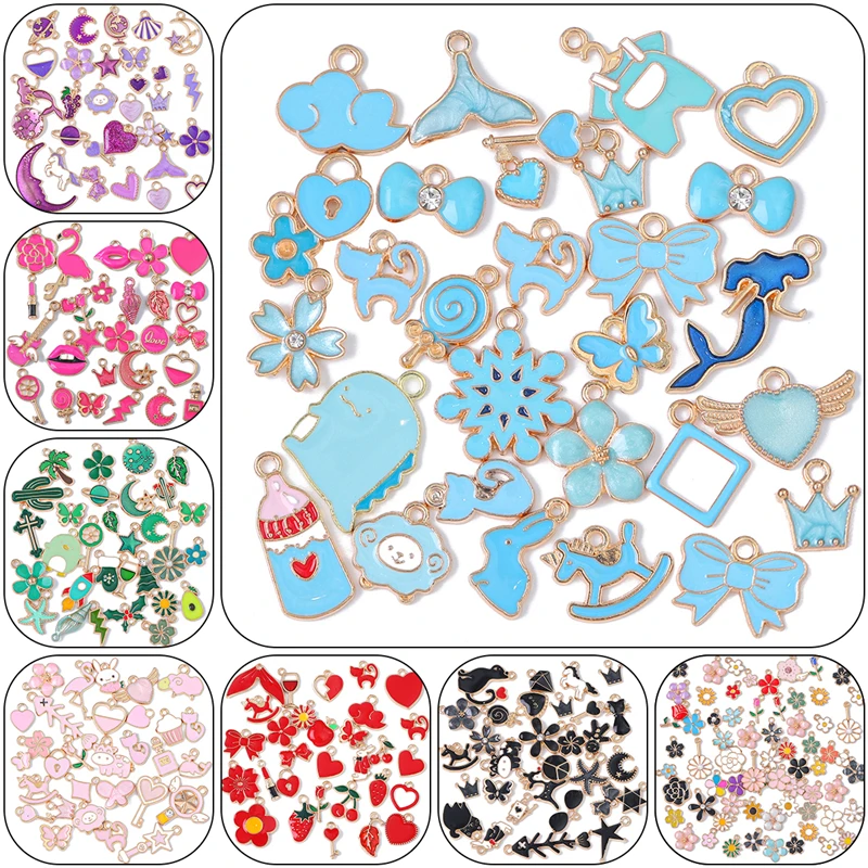 10pcs Random Mixed Styles Enamel Charm Heart Flower Cross Cat Butterfly Pendants for Bracelet Necklace DIY Jewelry Craft Making