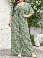 Plus Size Women's Multi-Color Paisley Print Square Neck Tie Waist Wide Leg Jumpsuit