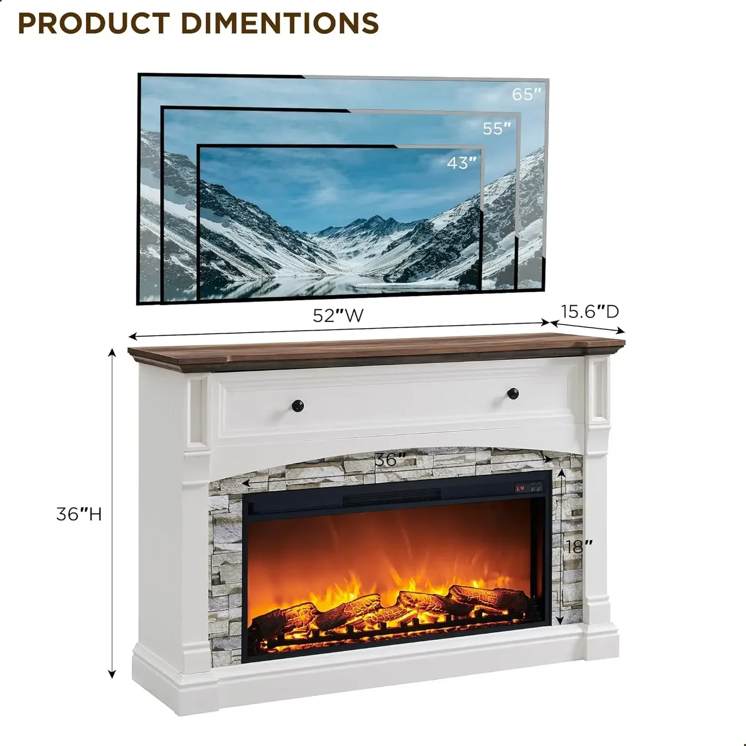 52'' Electric Fireplace with Mantel, Tall Fireplace TV Stand for Up to 65 Inch TV, 36 Electric Fireplace & Sime-Open Cubby,White