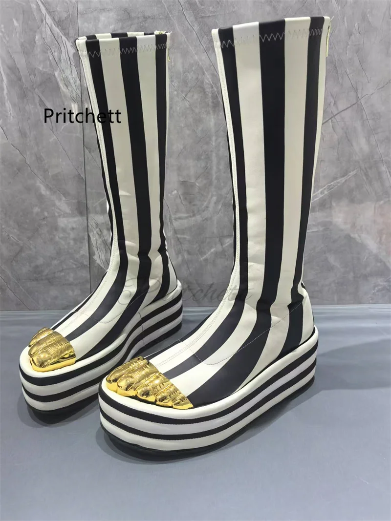 Gold Toe Thick Sole Platform Mid-Calf Boots Women Genuine Leather Black White Strip Height Increasing Zip Stretch Runway Boots