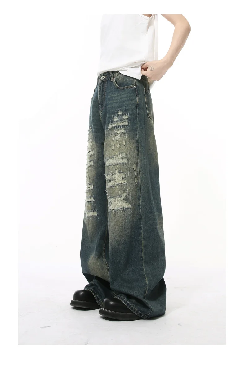 IEFB High Street Men's Denim Pants Hole Worn-out Streetwear Trousers Straight Wide Leg Casual Male Jeans New Autumn 2024 9C8513