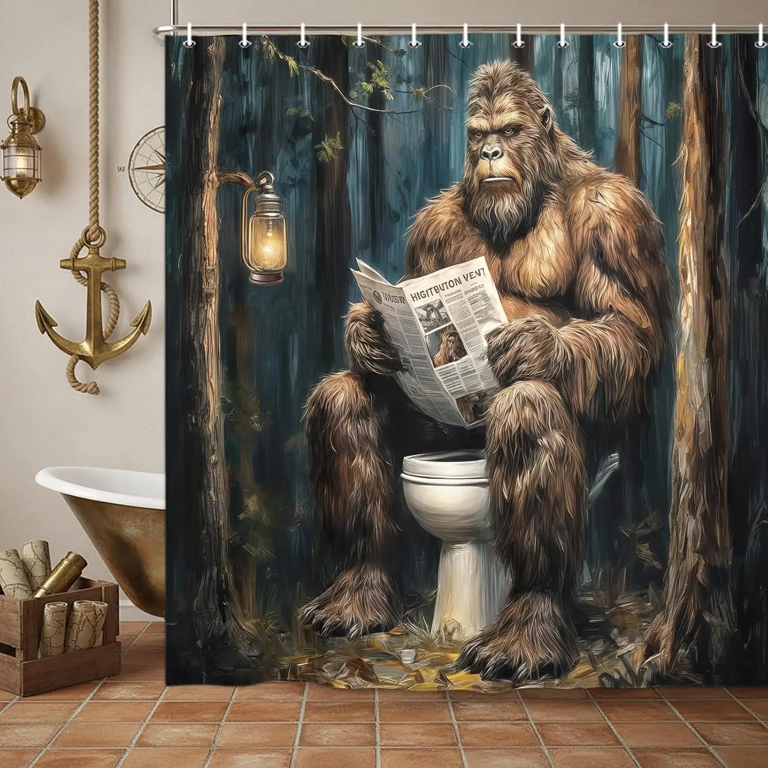 Funny Bigfoot Shower Curtain, Humorous Sasquatch Sitting on Toilet Reading Newspaper Shower Curtains, Rustic Forest Animal Print