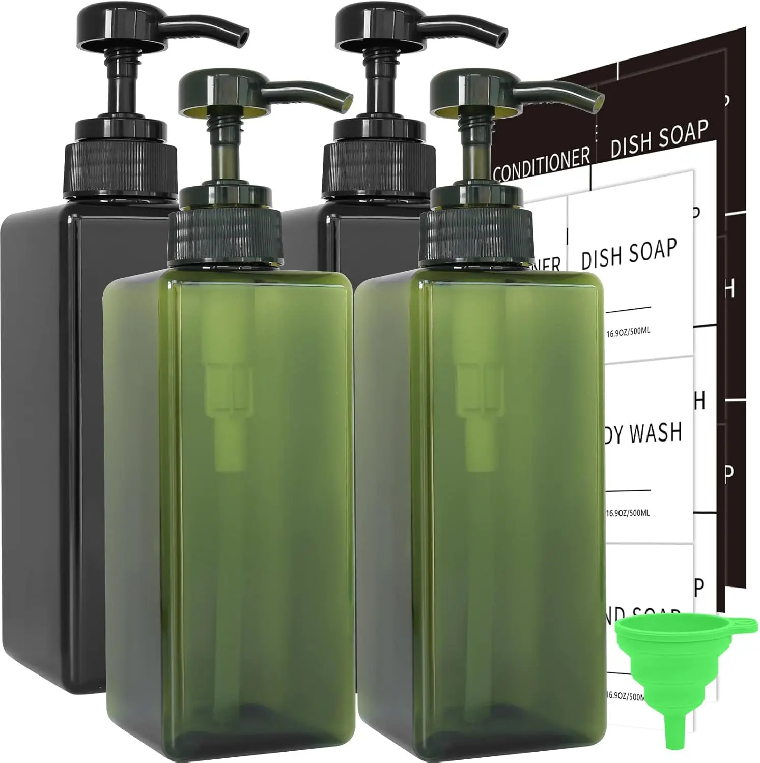 Dispensador de Jabón de Manos de Plástico Grueso con Etiquetas Impermeables para Baño y Cocina, 16oz, Paquete de 4, Negro y Verde