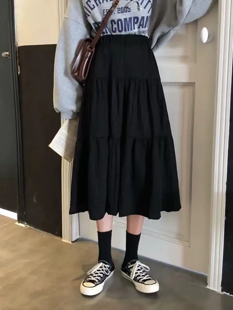 White A-Line Midi Skirt plus Size Women's Early Autumn Small Size Cake Skirt High Waist Korean Style for Young Ladies