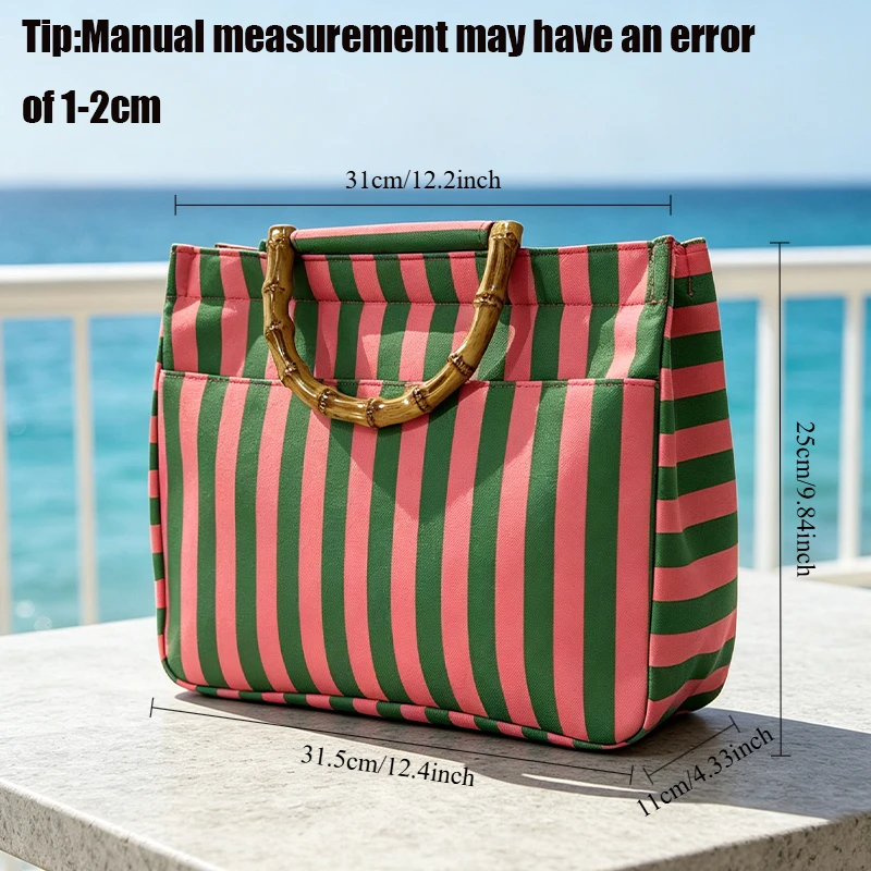 Einfache Damen-Tragetasche mit vertikalen Streifen in Pink und Grün, frische Handtasche mit gestreifter Textur in Farbblock-Optik – Detail 7