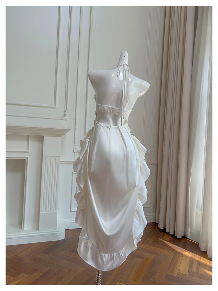 Ele White Asimmetrico Pearl Strapl Dr con finiture in pizzo Holiday Dr Casual Date Dr Gonna a trapezio a vita alta