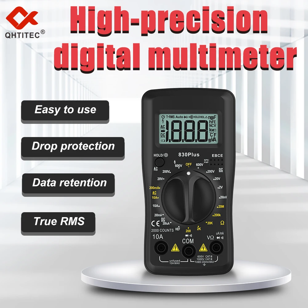 QHTITEC Digital Multimeter AC/DC Votage Current Automatic Tester 2000 Counts True RMS Ohm Ammeter Capacitance Meter 830Plus