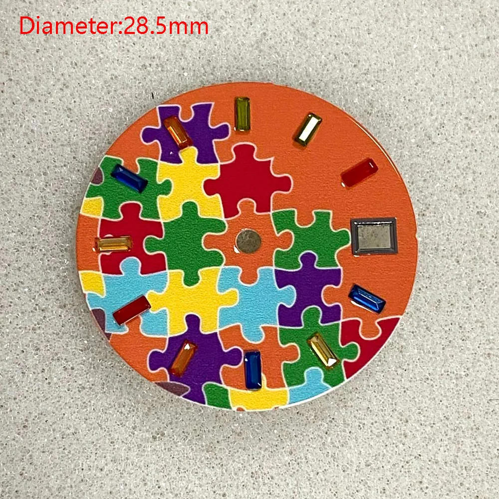قرص NH35 28.5 ملم برتقالي أزرق أخضر أرجواني قرص ألغاز مع مسامير ملونة مناسبة لشعار NH35 الأوتوماتيكي المخصص