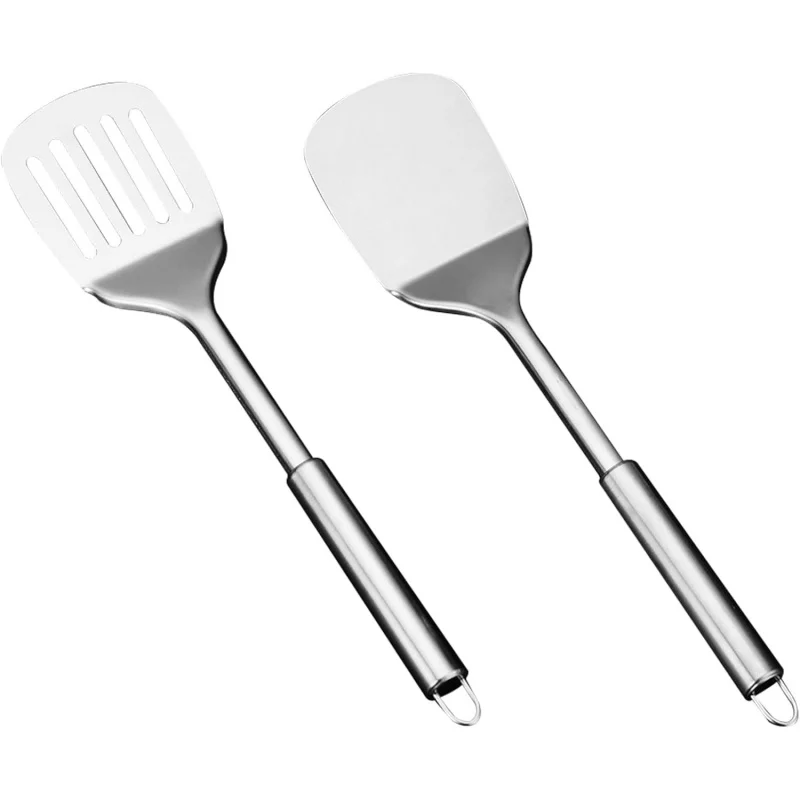 【2-عد من حلقات الفولاذ المقاوم للصدأ】تصميم سميك للغاية بمقبض مجوف، ملعقة من درجة المطاعم للمقالي غير اللاصقة