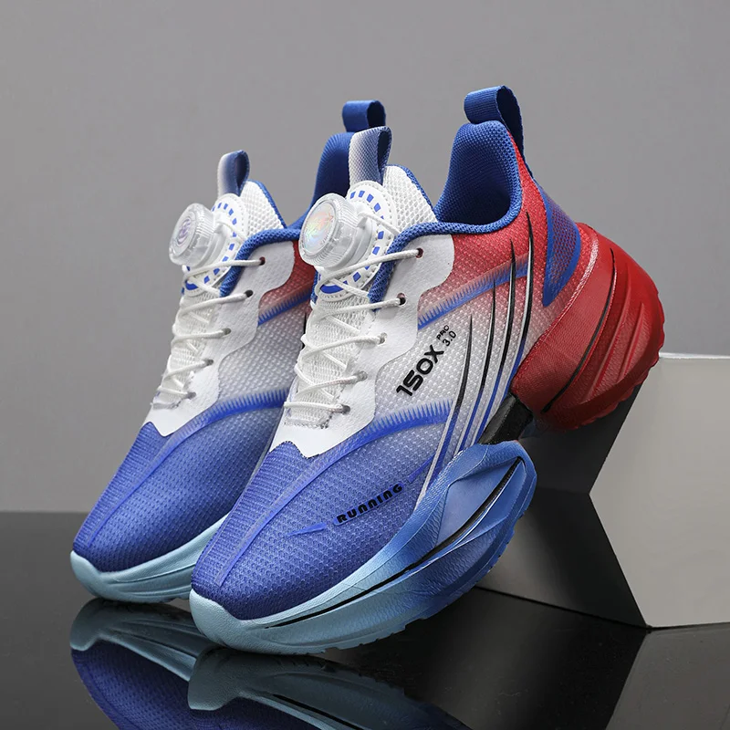 Boys' New Trendy Color-Blocked Mesh Sneakers with Knob Buckle Breathable Children's Shoes Campus Outdoor Non-Slip Running Shoes