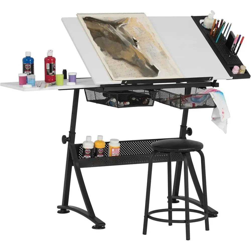 

Стол для черчения Fusion с табуреткой, стол с регулируемой высотой и наклонной столешницей, уголь/белый